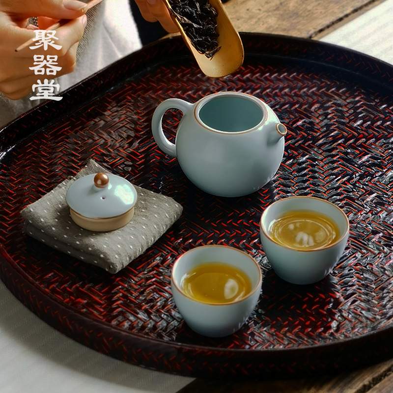 聚器堂天青汝窑陶瓷西施壶一壶二杯二人茶具快客杯便携式旅行茶具
