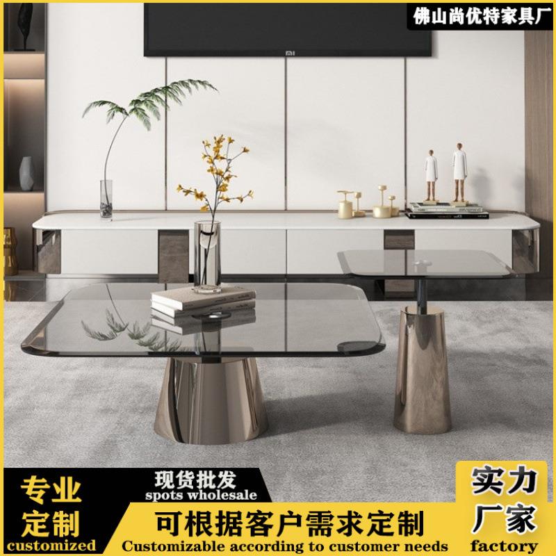 轻奢玻璃茶几小户型家用客厅香槟金设计师不锈钢正方形边几小桌子