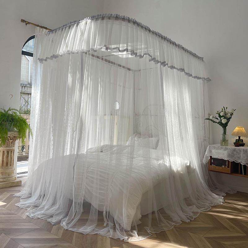 u型导轨蚊帐法式简约白家用加密落地蚊帐轨道式三开门公主风蚊帐