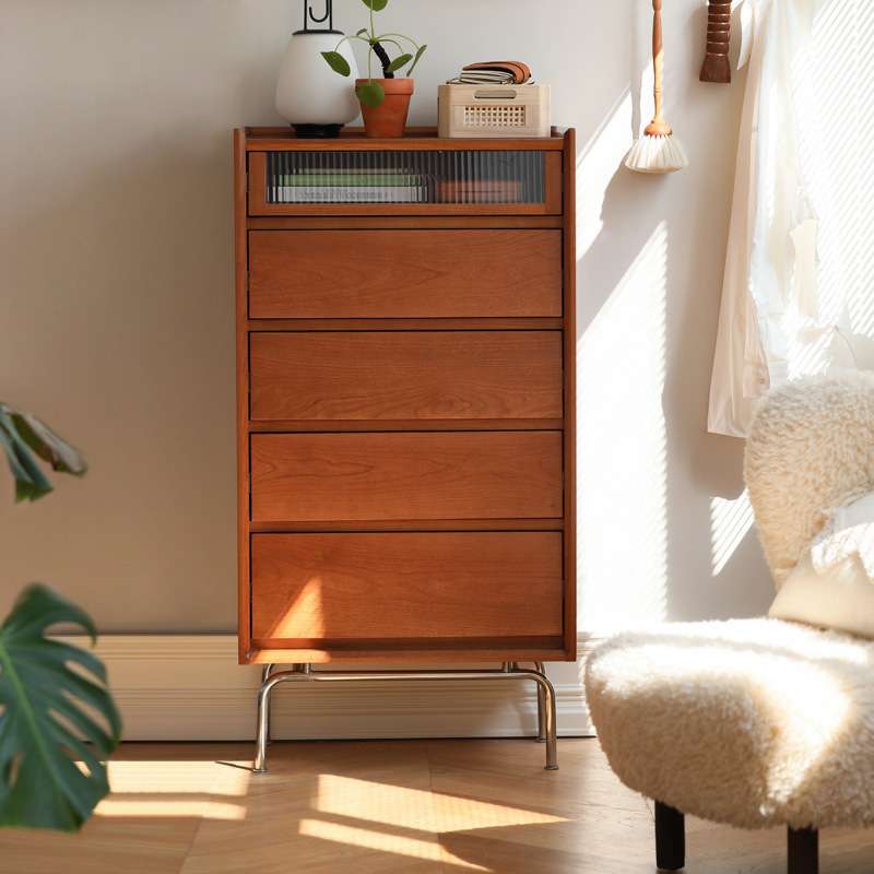 北欧实木复古五斗柜卧室简约现代收纳抽屉柜客厅中古色电视柜边柜