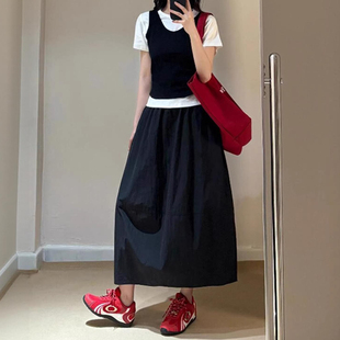 黑色高腰a字半身裙女春夏新款 胖mm遮肉显瘦垂感花苞蓬蓬0317r 大码
