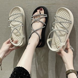 厚底罗马仙女风配裙子外穿平底夏天水钻学生 夏季 凉鞋 女2025年新款