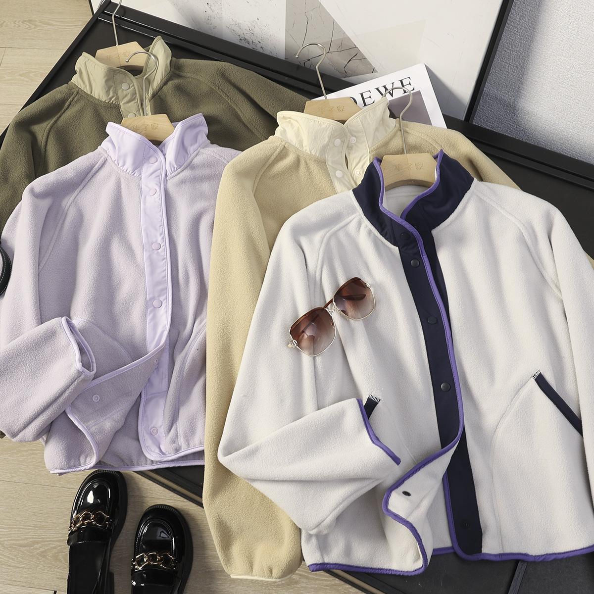 女士秋季户外防风保暖撞色立领轻薄万粒绒外套内胆摇粒绒开衫外套