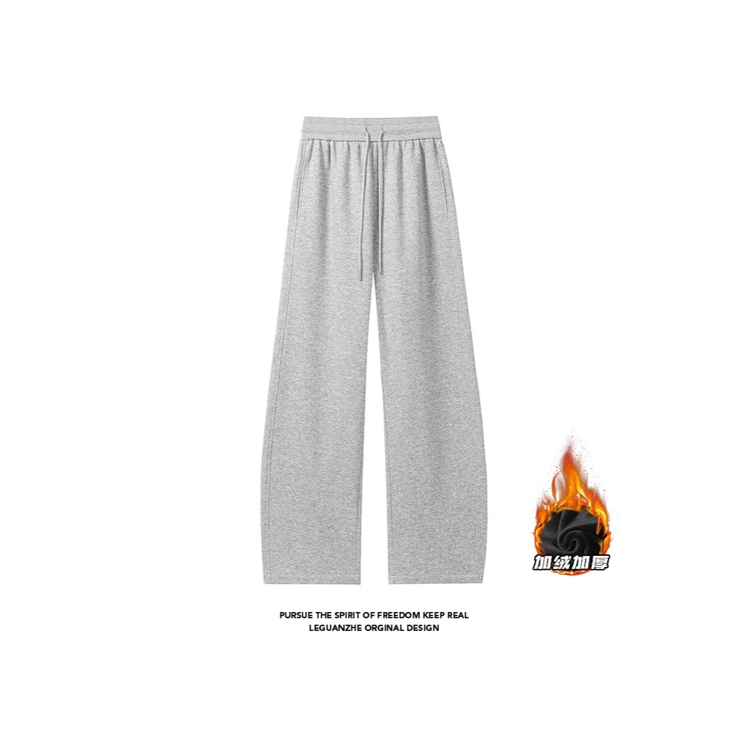 美式高街加绒加厚弯刀裤子男冬季潮牌阔腿灰色运动卫裤直筒休闲裤