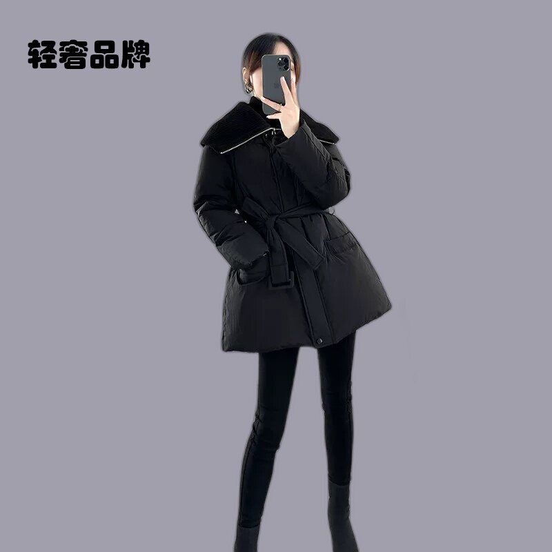 朗姿约定黑色翻领系带收腰羽绒服女冬季2026年新款百搭中长款外套