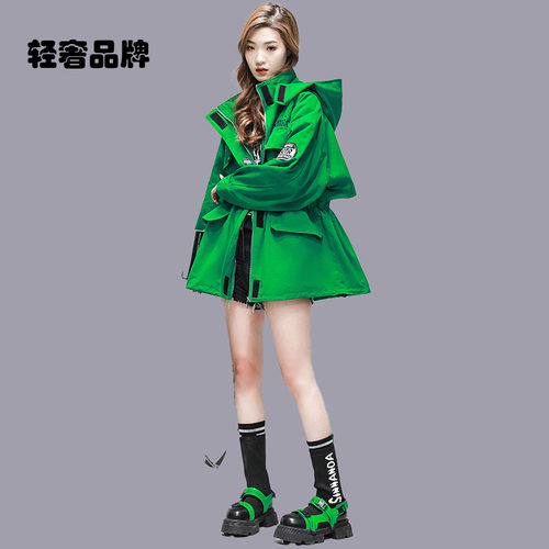 朗姿约定中长款工装外套2026年春秋新款连帽休闲宽松刺绣收腰风衣