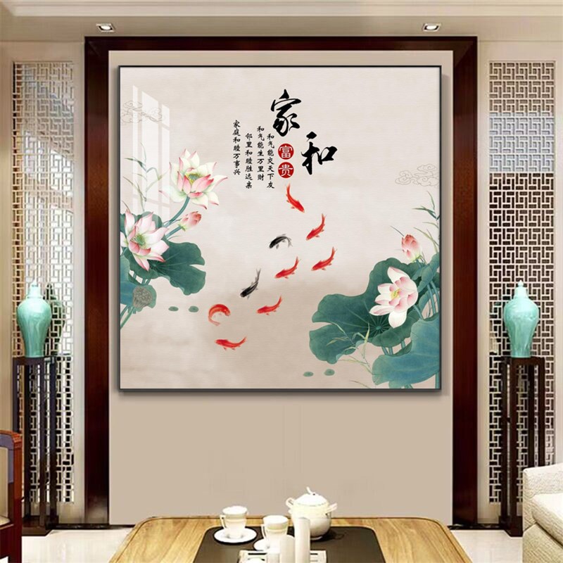 荷花装饰画正方形l中式墙壁挂画客厅玄关走廊禅意茶室莲花墙面壁图片
