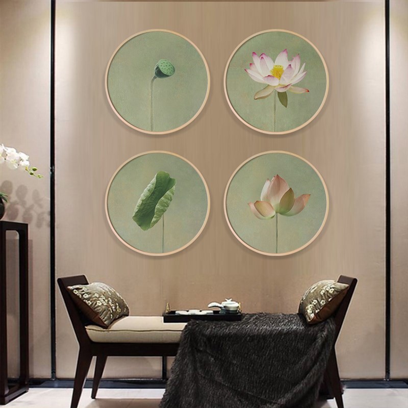 极速新中式实木圆形装饰画禅意玄关挂H画中国风组合画荷花荷叶莲图片