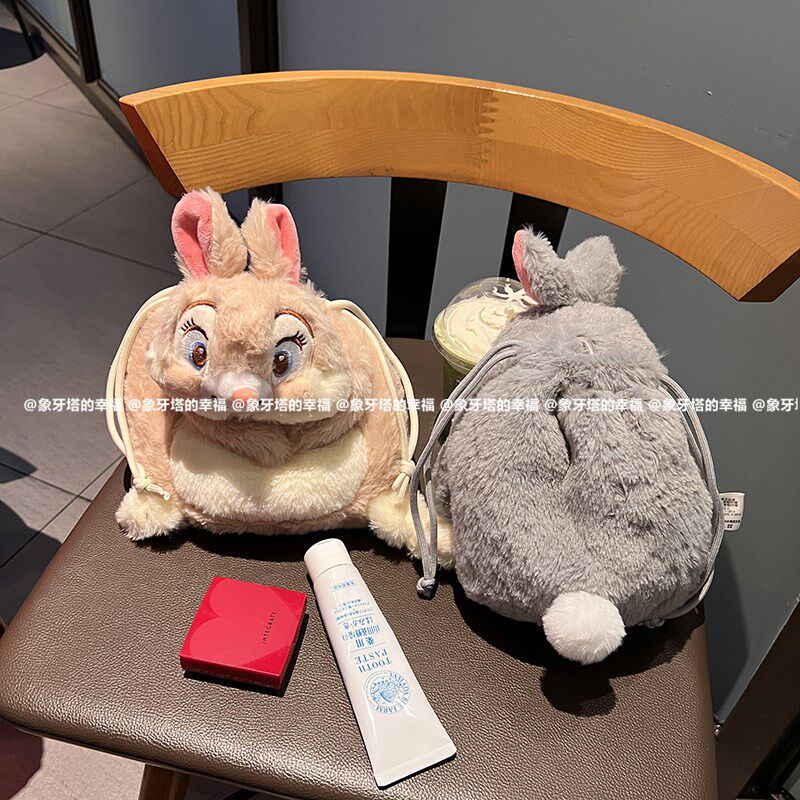少女心软a萌立体可爱兔兔毛绒束口袋抽绳收纳袋珍珠链条挎包手机