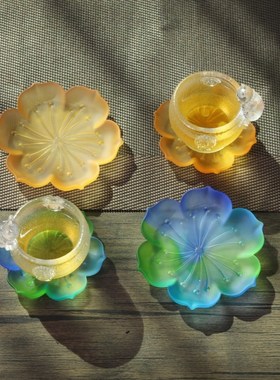 新品琉璃莲花茶杯杯托茶托高端彩色茶垫杯垫摆件底V座绿色茶杯垫