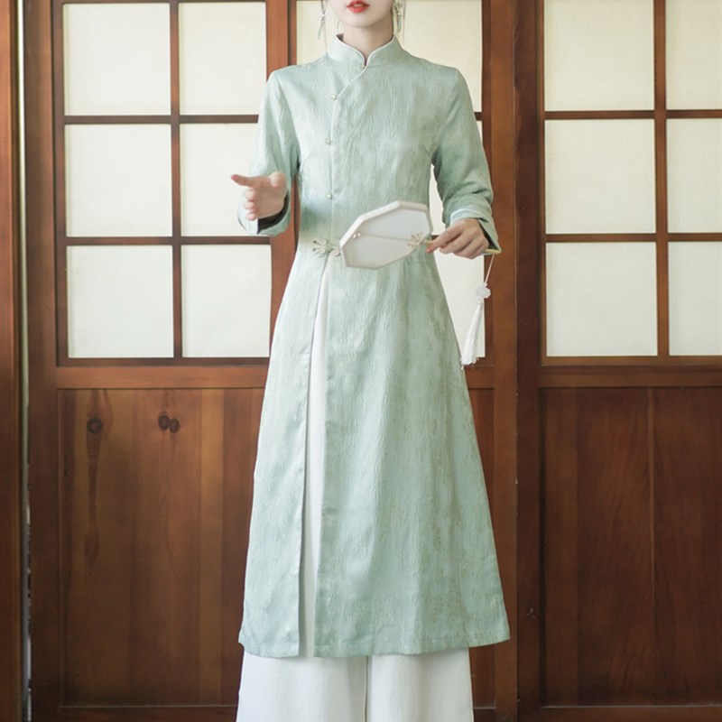极速茶服女秋冬汉服新中式国风禅意茶艺师工作服改良X旗袍绿色唐