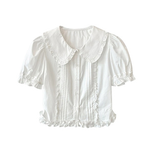 女夏2024新款 衬s衫 设计感小众小个子泡泡 娃娃领白色短袖 极速法式