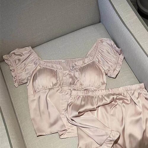 新品2023f新款缎面甜美睡衣女短袖短裤薄款V领泡泡袖家居服套装带