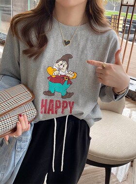 极速纯棉长袖t恤女秋季20v23新款圆领卡通印花内搭白色打底衫宽松