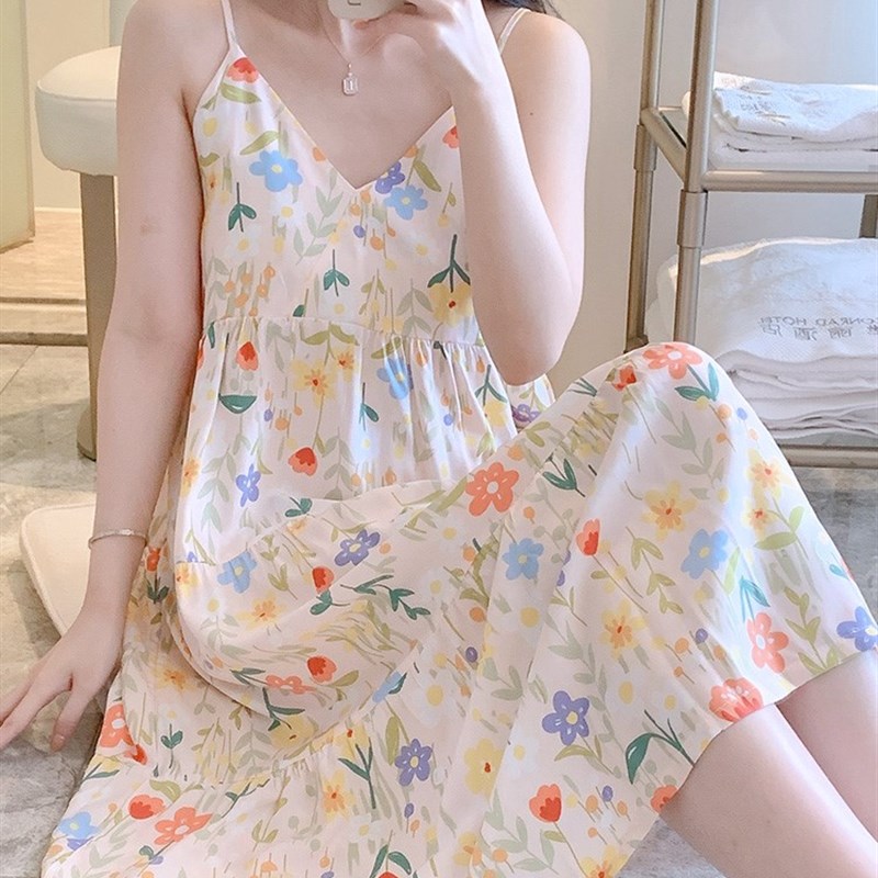 极速掉吊裙子棉绸睡裙女夏季薄款吊F带性感绵绸睡衣可外穿洋装大