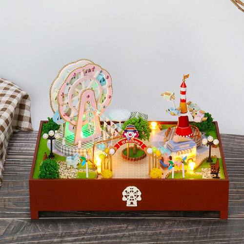 极速New DIY Wooden Doll House Amusement Park MusZic Box