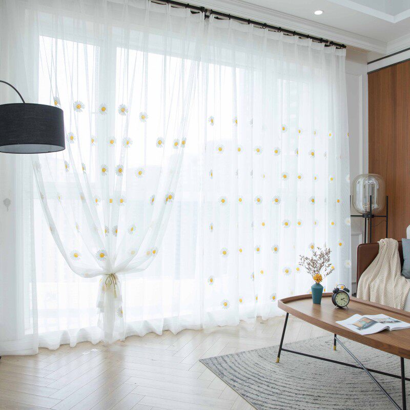 极速窗帘卧室小清新窗纱阳台飘窗纱帘魔术贴免打R孔自粘绣花田园
