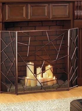 简约黑色金色客厅壁炉隔断屏风三折防火栏带网铁艺镂空装饰壁炉架