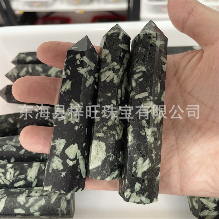 天然水晶柱菊花竹叶石六棱柱单尖柱原石打磨工艺品摆件厂家批发