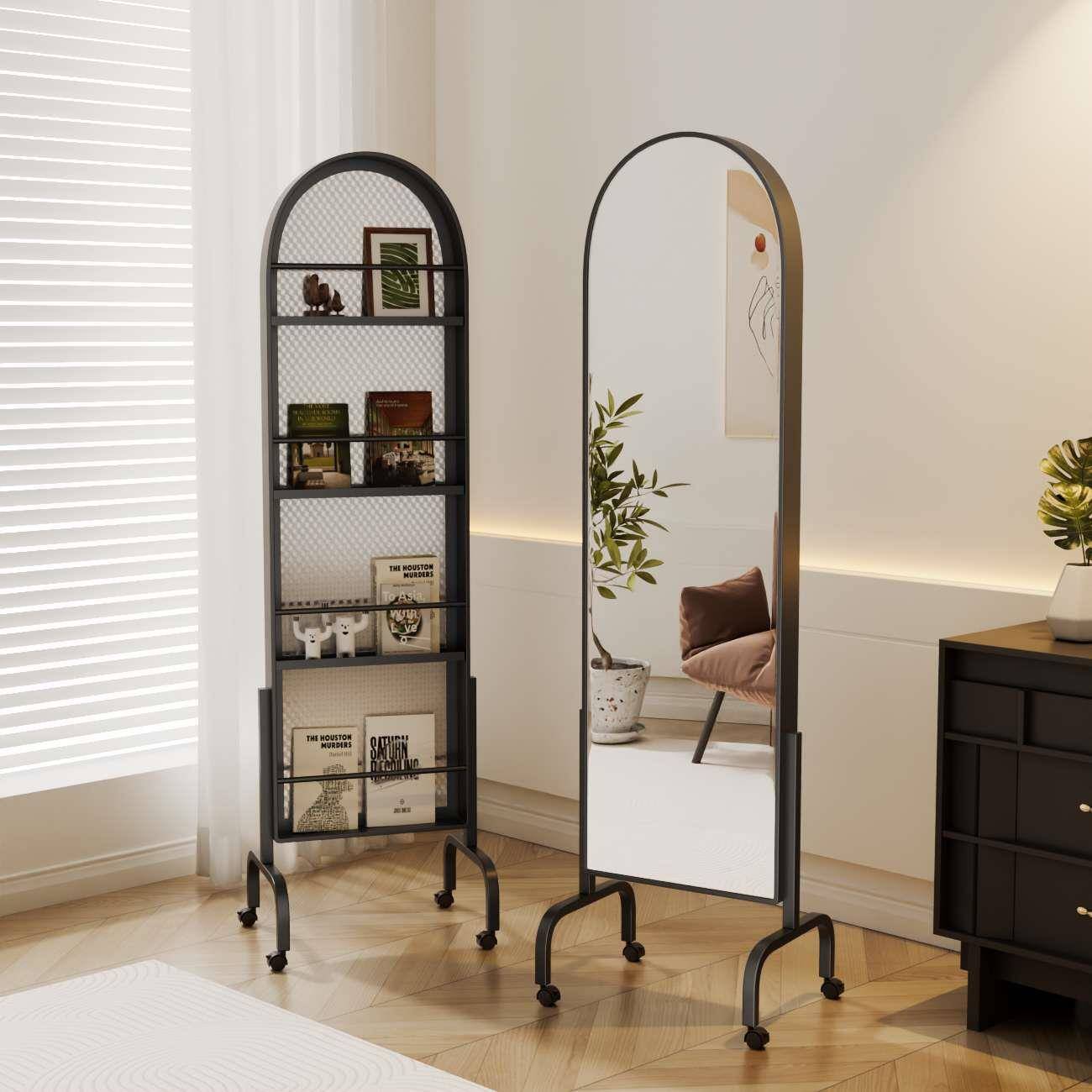 客厅玄关铁艺杂志架子落地可移动多功能全身镜现代创意设计置物架