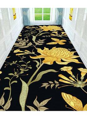 数码印花美式黑黄色花朵花卉防滑走廊毯长条毯卧室地垫地毯