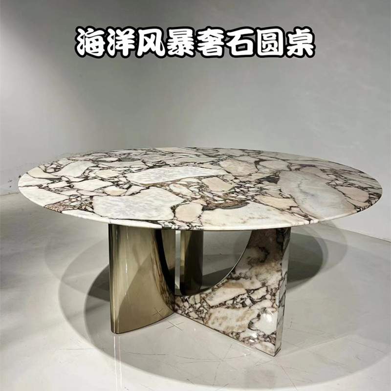 细花白大理石餐桌天然奢石餐桌意式极简家用圆形方桌北欧轻奢餐桌
