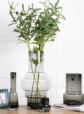 北欧灰色竖纹玻璃花瓶客厅餐桌透明干花插花器样板间玻璃花瓶摆件