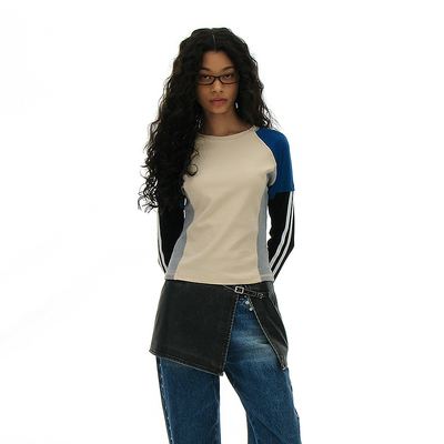 时尚插肩拼接撞色长袖T恤