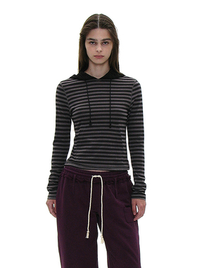 口袋连帽条纹长袖T恤 韩国正品 PARTIMENTO 抽绳修身舒适简约上衣