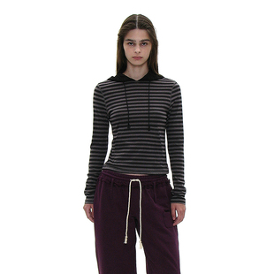 抽绳修身 口袋连帽条纹长袖 PARTIMENTO 韩国正品 舒适简约上衣 T恤