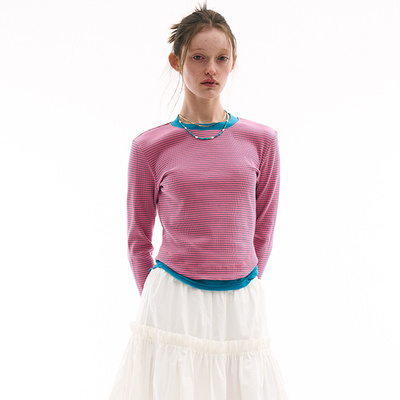 长袖休闲薄条纹双层棉女款