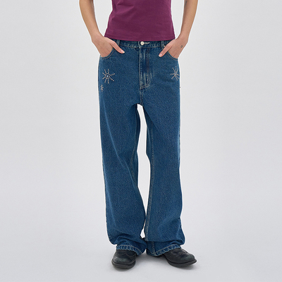 复古水洗做旧阔腿烫钻收腰牛仔裤