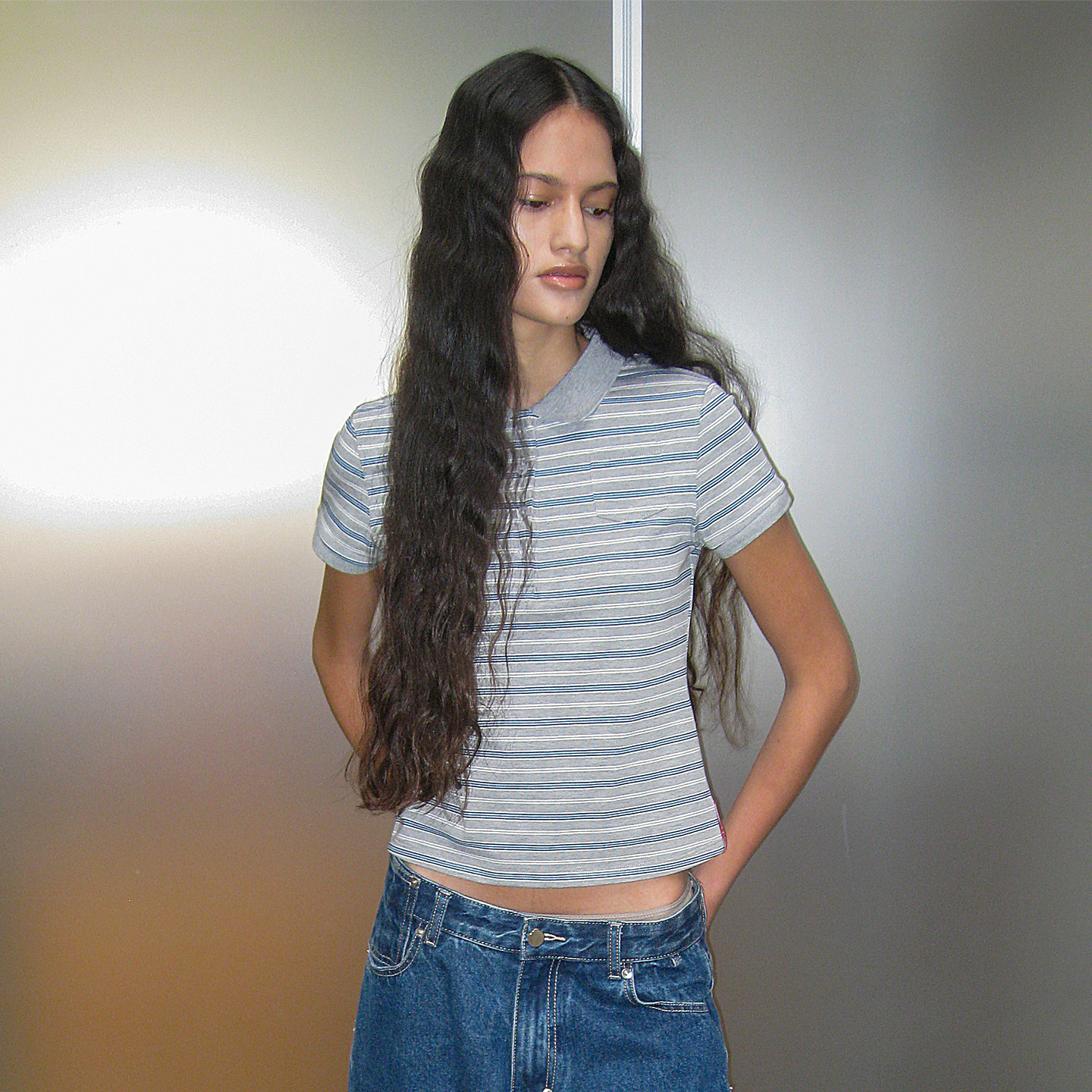 美式复古条纹Polo短袖T恤 PARTIMENTO 单排扣领侧袋设计休闲上衣