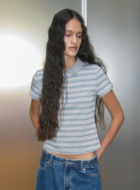 美式复古条纹Polo短袖T恤 PARTIMENTO 单排扣领侧袋设计休闲上衣