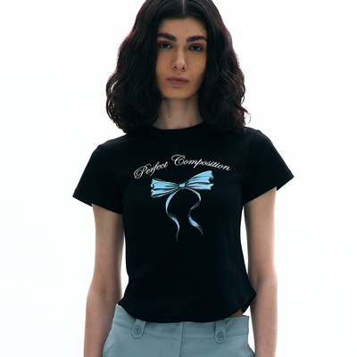 短袖修身薄蝴蝶结印花女性