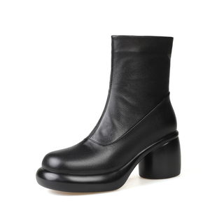 新款头层牛皮短靴女真皮粗跟防水台厚底短筒时装靴圆头后拉链女靴