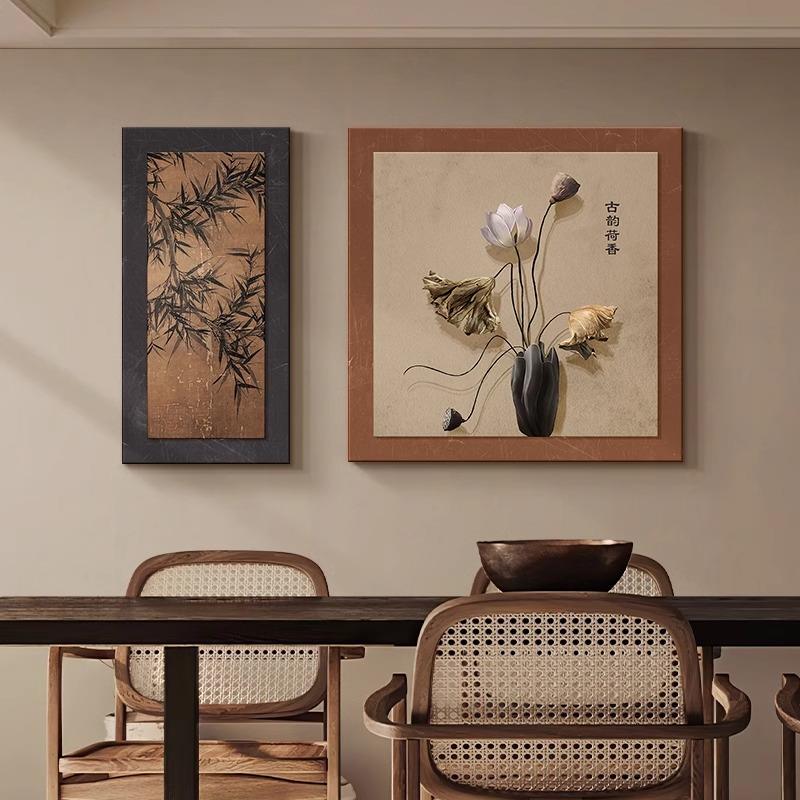 复古餐厅装饰画中古风饭厅背景墙挂画新中式荷花禅意茶室新款壁画图片