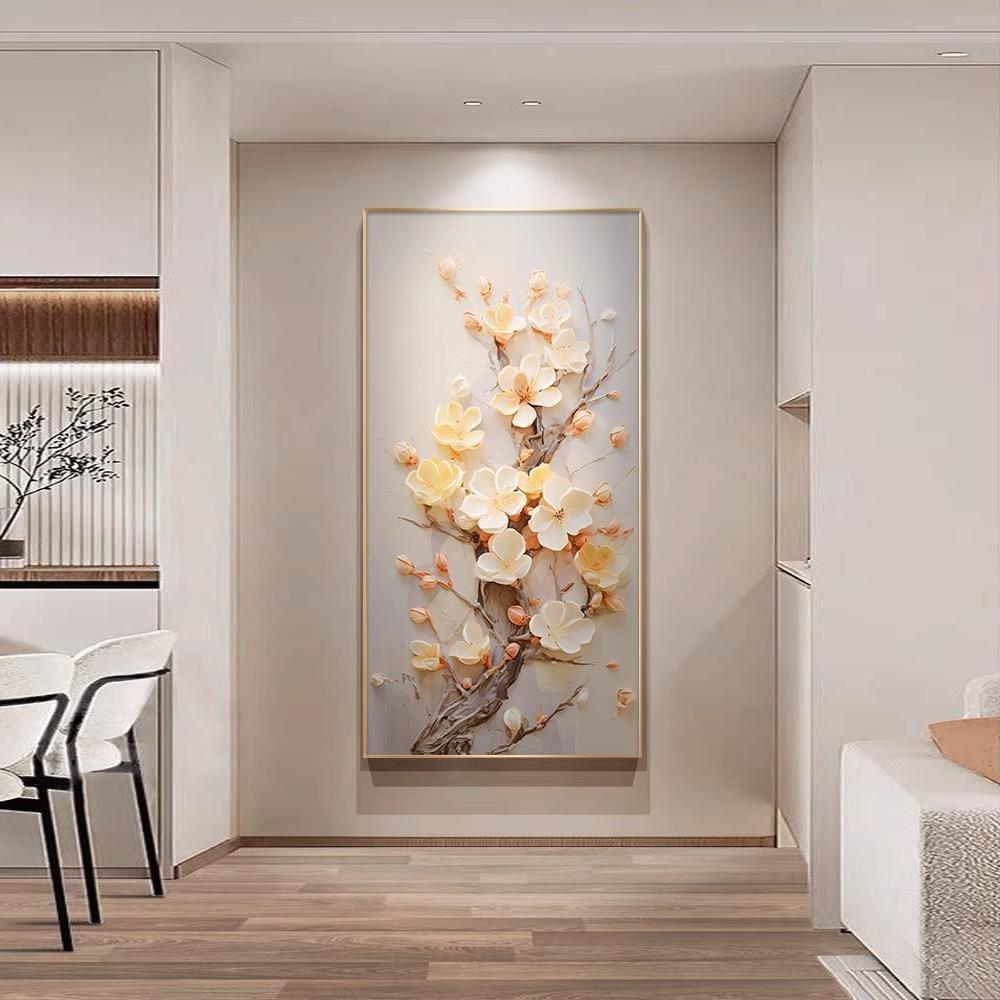 北欧入户玄关装饰画抽象花卉发财树走廊过道挂画壁画竖版奶油风图片