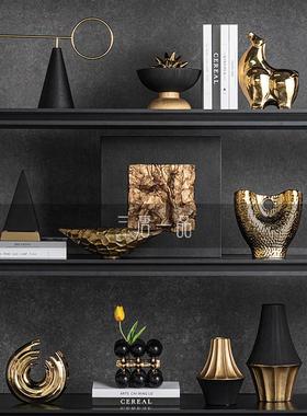 奢华金几何艺术品摆件客厅酒柜现代样板间开 放格书架高级感装饰