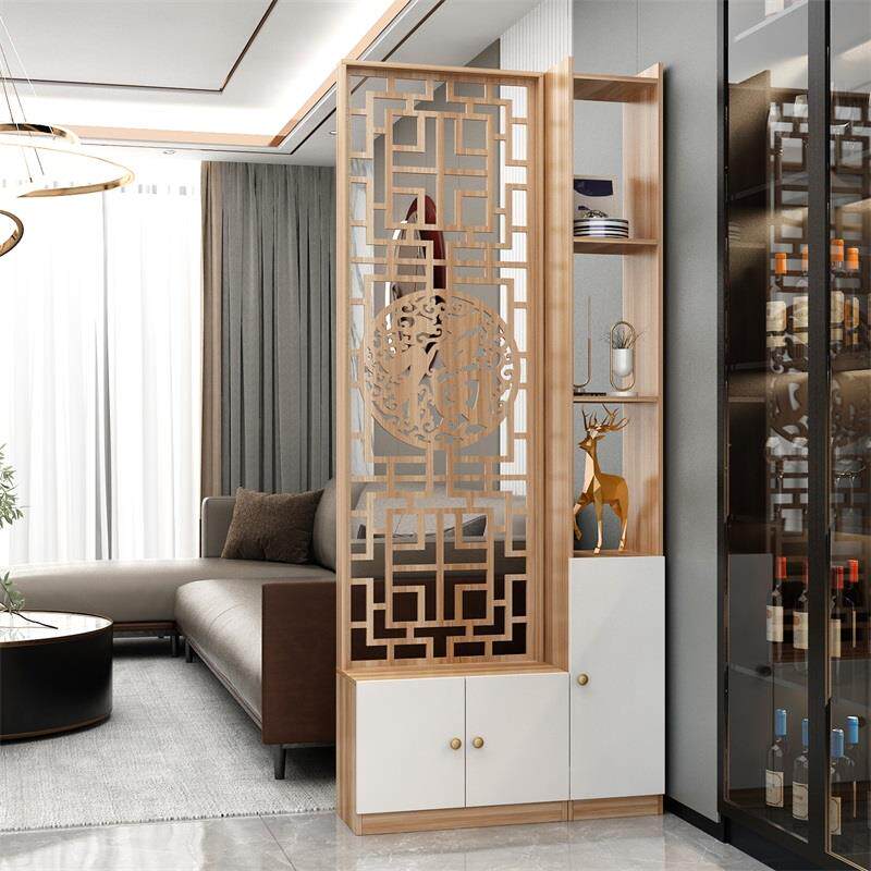 原木色屏风隔断玄关柜新中式鞋柜置物架酒柜一体入户靠墙双面镂空