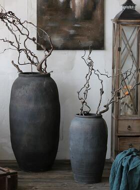 覆古翁瓶翁缸陶罐花瓶组合落地老瓦罐做旧艺术禅意茶室酒店大堂