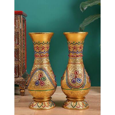 东南亚落地实木大花瓶手绘描金中式轻奢客厅居家公司乔迁装饰摆件