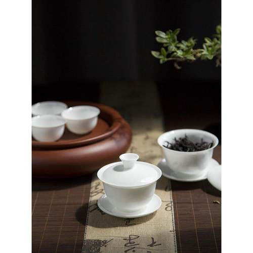 潮汕功夫茶具家用大、中、小三彩盖碗茶具白瓷