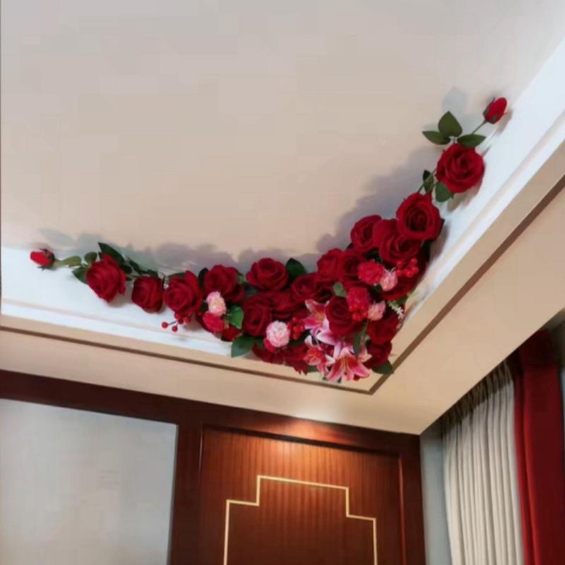 结婚室内卧室天花板客厅房顶玫瑰四角挂墙装饰婚房布置花墙花