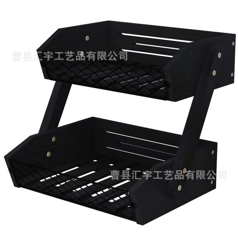 木制水果收纳筐桌面摆台式双层收纳筐黑色木制储物筐厂家直供