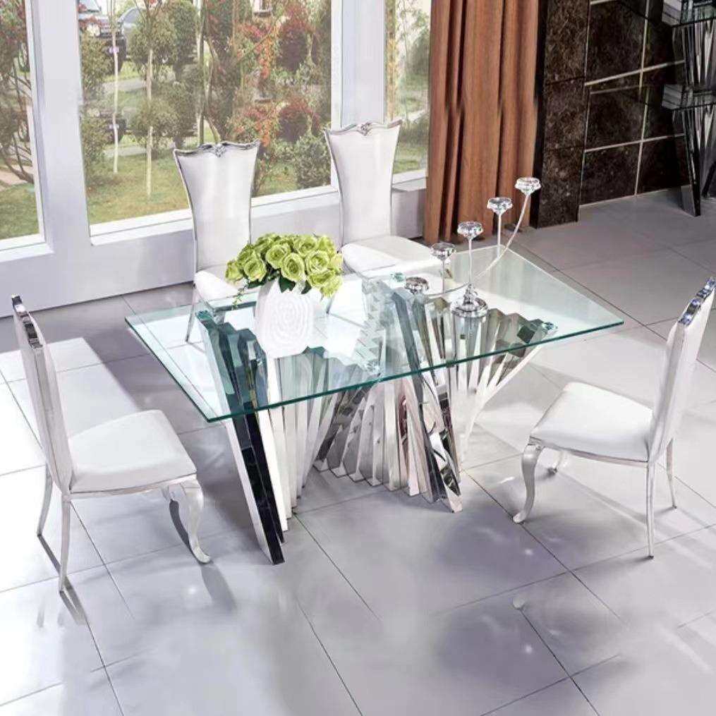 客厅家具现代商用家居不锈钢原色钢化玻璃面餐桌玄关茶几角几套装