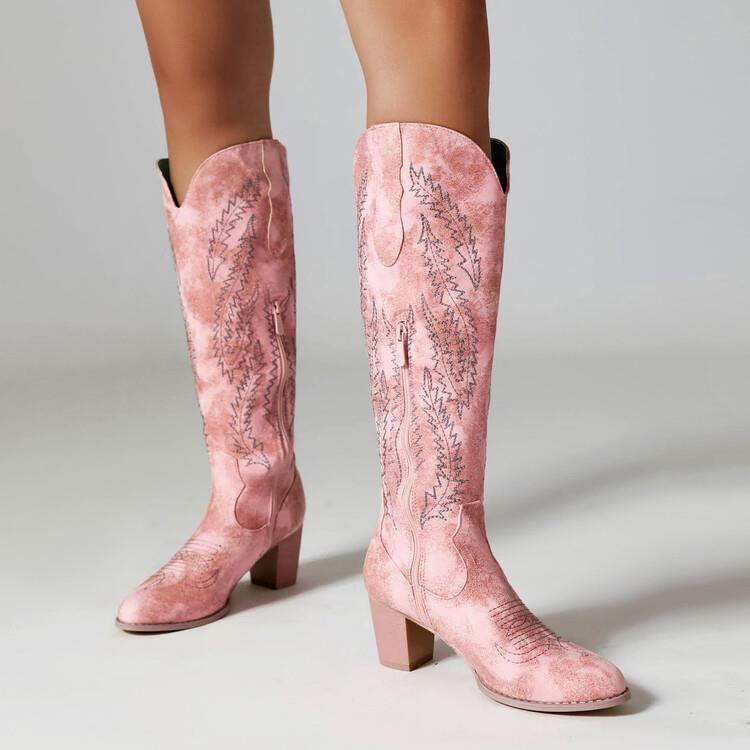 2023秋冬新款欧美粉色长筒靴女复古刺绣方头粗跟高筒西部牛仔靴