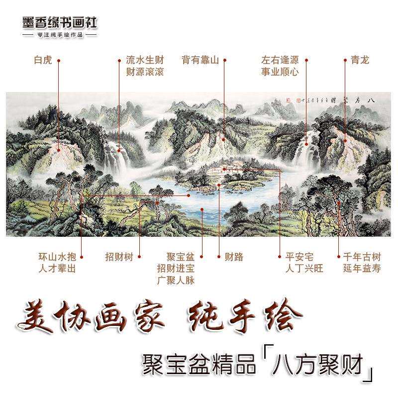 纯手绘八方聚财山水画客厅办公室招财靠山聚宝盆国画挂画芯可带框