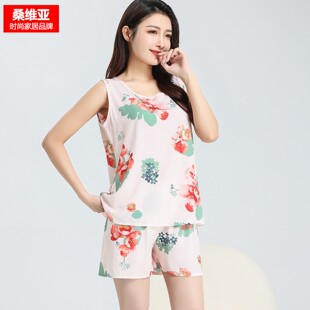 外穿两件套家居服 凉感花卉印花夏季 桑维亚棉绸女睡衣背心无袖 短裤