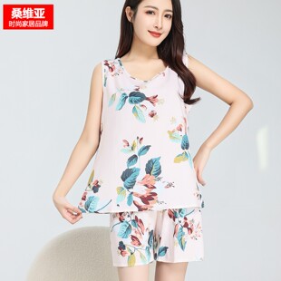外穿两件套家居服 凉感花卉印花夏季 桑维亚棉绸女睡衣背心无袖 短裤